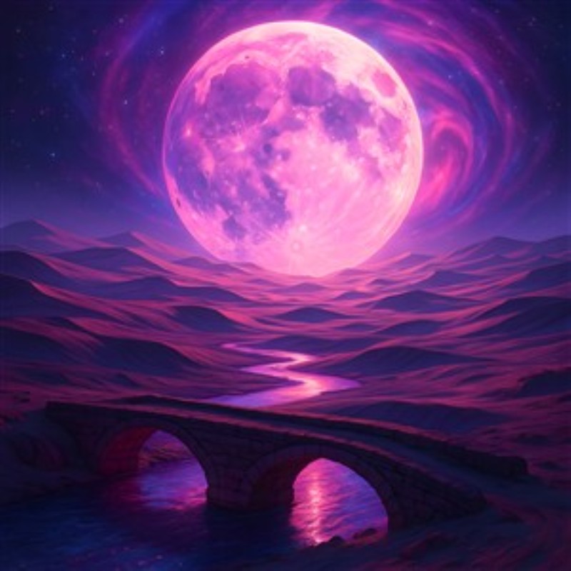 Magi under Månens Lys - Oplev en drømmende nat med en strålende måne, der kaster sit bløde lys over et violet landskab og en elegant bro. Denne surrealistiske scene bringer en følelse af ro og fortryllelse til dit rum.