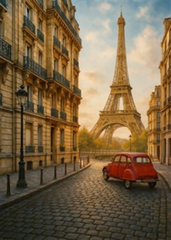 Rød Bil og Eiffeltårnet i Paris - Oplev det romantiske Paris med dette fantastiske billede af en rød bil ved Eiffeltårnet, omfavnet af en gylden solnedgang. Perfekt til at bringe en stemning af eventyr og nostalgi ind i dit hjem.