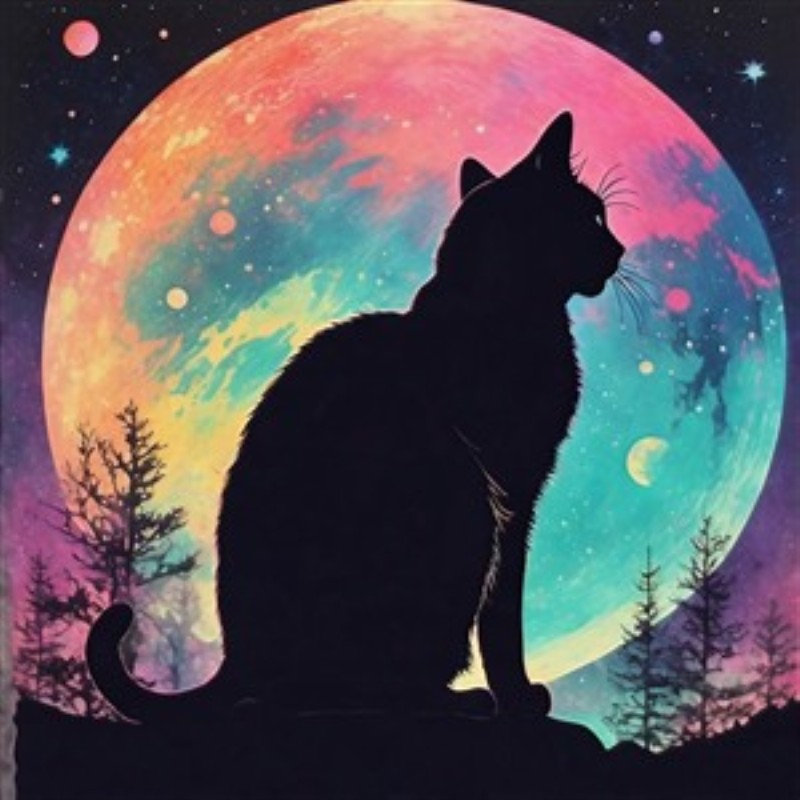 Kattens Mystik: Silhuet mod Universet - Oplev en magisk fusion af farver med dette betagende billede af en katte-silhuet, prydet af en storslået måne og funklerne stjerner. Dette kunstværk tilføjer en eventyrlig stemning til ethvert rum.