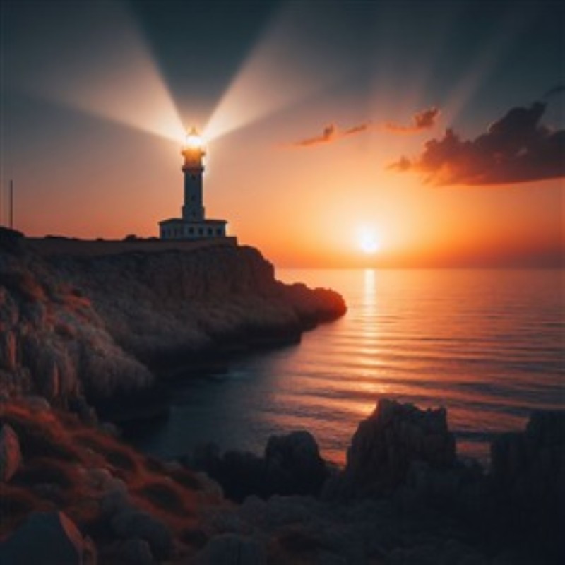 Fyrtårnet ved solnedgangs magi - Oplev det betagende syn af et fyrtårn, der kaster sit lys over havet, mens solen maler himlen i varme nuancer. Denne skønhed bringer ro og inspiration til ethvert rum.