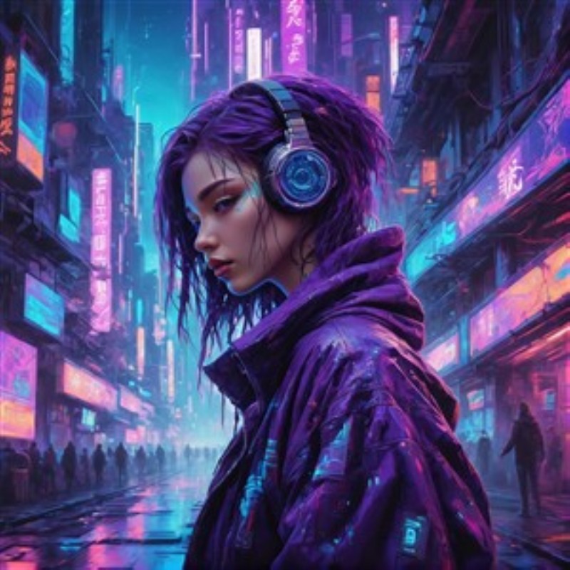 Neon Drøm: Futuristisk Kvinde i Byen - Oplev den futuristiske atmosfære med dette betagende digitale kunstværk. Den lillahårede kvinde i neonbyen indfanger en drømmende stemning, der bringer liv og energi til dit hjem.
