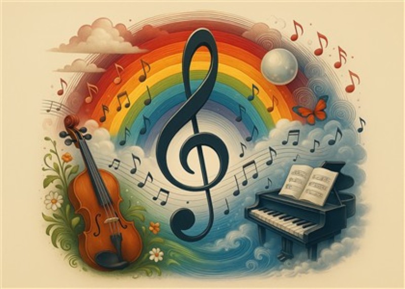 Farverig Melodi: En Musikalsk Rejse - Oplev den livlige charme af en regnbue med musiknoder, violin og klaver. Dette farverige billede skaber en inspirerende atmosfære og tilføjer en legende stemning til dit hjem.