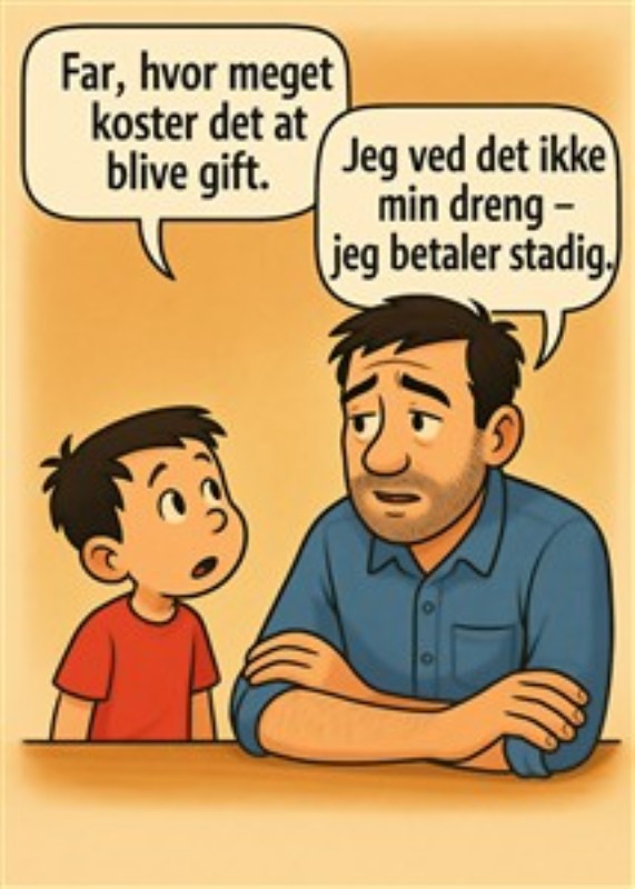 Hjertevarm Far-Søn Samtale - Oplev den humoristiske dialog mellem far og søn, der diskuterer ægteskabets omkostninger. Denne illustration fanger både latter og livsvisdom, og tilføjer en sjov tvist til ethvert rum.