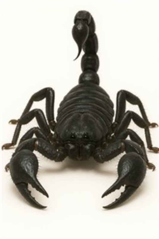 Mysterisk Sort Skorpion – Nærbillede - Oplev det fascinerende nærbillede af en sort skorpion med imponerende kløer og en elegant krum hale. Dette kunstværk vil tilføje en dramatisk og iøjnefaldende atmosfære til dit hjem.
