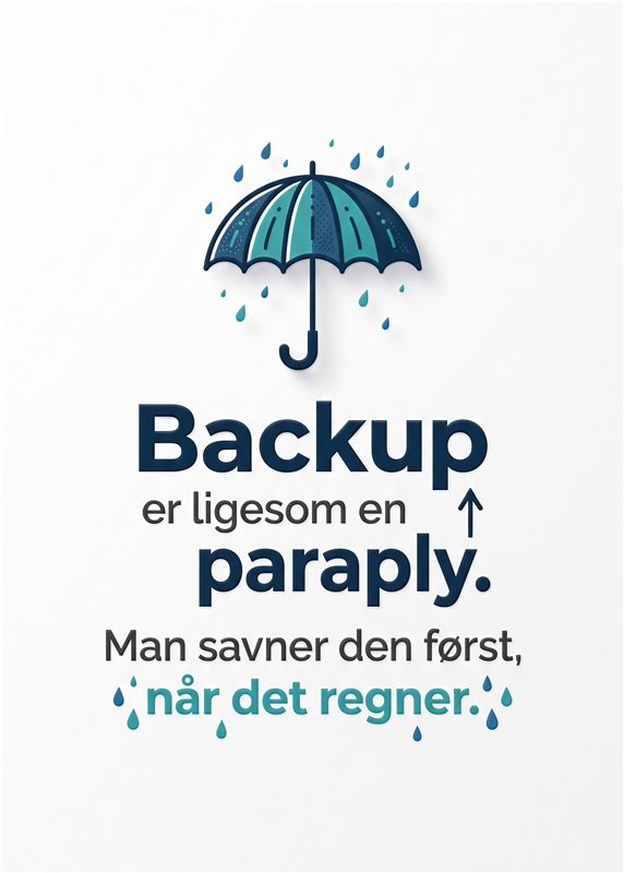 Backup: Livsredderen i regnvejr - Oplev den perfekte påmindelse om vigtigheden af backup med denne stilfulde plakat. Det humoristiske design med paraplyen minder dig om, at vi ofte savner det, vi ikke har, når det virkelig gælder. Ideel til kontoret eller hjemmet!