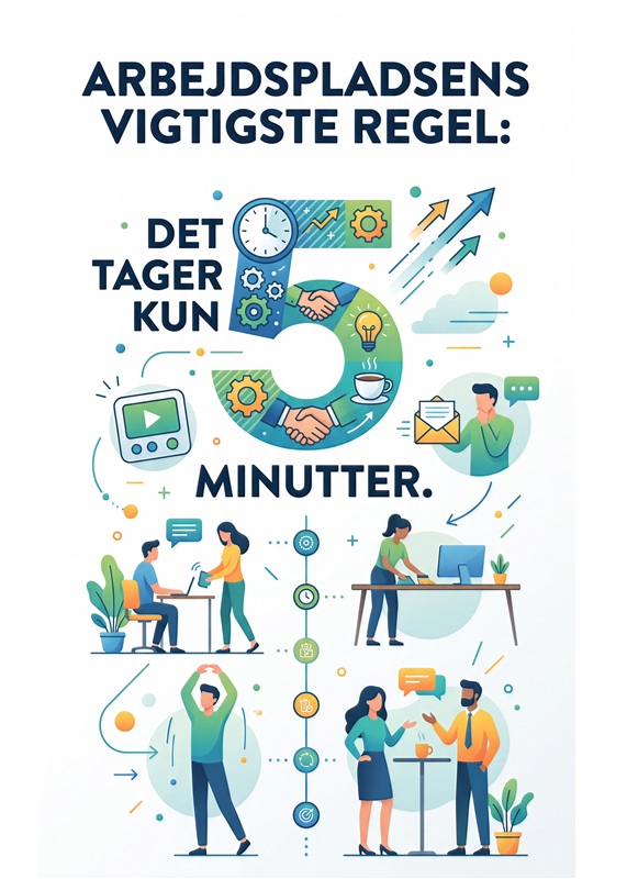 5 Minutters Regel: Effektivitet på Arbejdspladsen - Denne farverige plakat præsenterer den vigtigste regel på arbejdspladsen: det tager kun 5 minutter. En inspirerende påmindelse om vigtigheden af hurtig kommunikation og teamwork. Perfekt til kontoret eller hjemmearbejdspladsen!