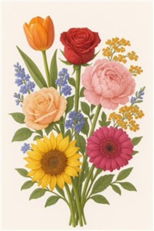 Farverig Blomsterbuket til Dit Hjem - Oplev skønheden i en farverig buket med tulipaner, roser og solsikker, der bringer liv og glæde ind i dit rum. Denne illustration tilføjer en nostalgisk og blomstrende stemning, perfekt til ethvert hjem.