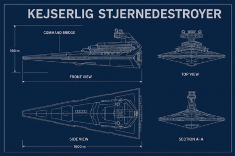 Detaljeret Tegning af Kejserlig Stjernedestroyer - Oplev den imponerende detaljerigdom i denne tekniske tegning af en kejserlig stjernedestroyer. Med forskellige perspektiver og dimensioner bringer den dette ikoniske rumskib til live og tilføjer et futuristisk præg til dit hjem.