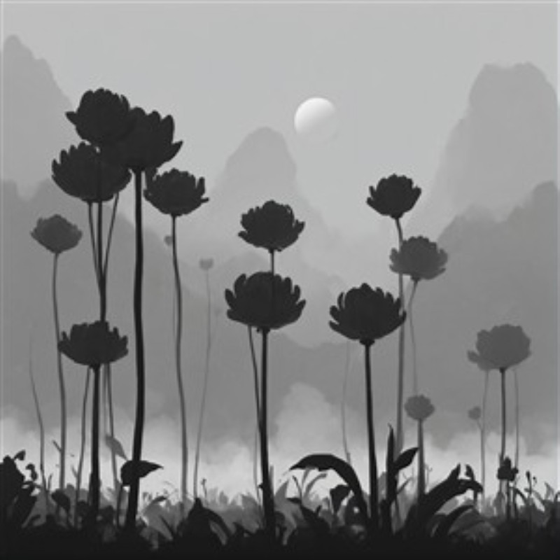 Sværmerisk Blomsterdrøm i Sort-Hvid - Oplev et betagende sort-hvidt univers af høje, stiliserede blomster, der danser under en halvmåne. Dette kunstværk tilføjer en usædvanlig ro og elegance til dit hjem.