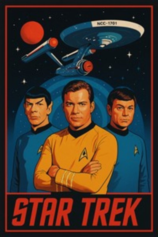 Star Trek: Helte fra Rummet - Træd ind i det intergalaktiske eventyr med denne farverige illustration af Star Treks mest ikoniske figurer. Med rumskibet Enterprise svævende i baggrunden, fanger dette kunstværk essensen af opdagelse og heltemod, perfekt til enhver fan.