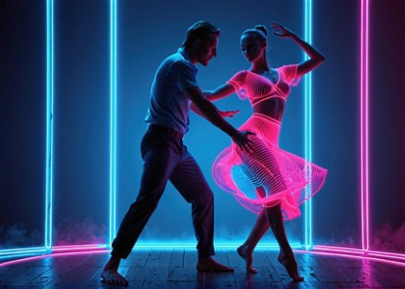 Neon Dans: Lys i Bevægelse - Oplev den elektriske energi mellem to dansere, hvor neonfarverne lyser op og skaber en fantastisk atmosfære. Dette værk bringer liv og dynamik ind i dit rum, perfekt til dem der elsker kunst med en moderne kant.