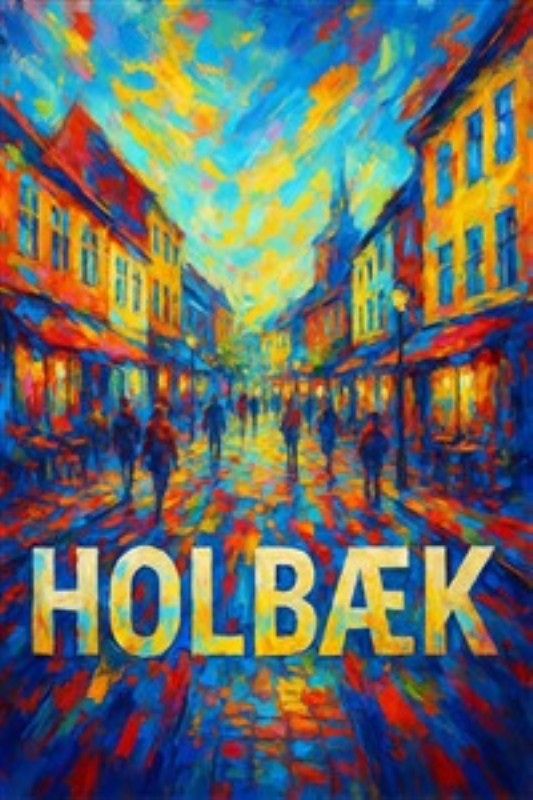 Livlige Farver fra Holbæk - Oplev den pulsende atmosfære i Holbæk med dette farverige maleri, der fanger byens liv og skønhed. De varme nuancer og dynamiske detaljer bringer et strejf af energisk liv til dit hjem.