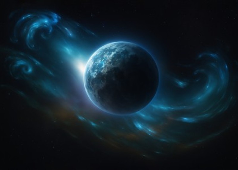 Kosmos' Magi: Jorden under Lys - Oplev det fantastiske univers med denne dragende kunst, der fremhæver Jorden indhyllet i glitrende kosmiske bølger. Det perfekte stykke til at skabe en storslået atmosfære i dit hjem.