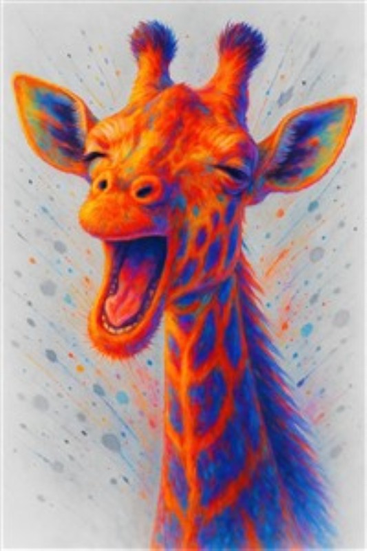 Glædefuld Giraff i Strålende Farver - Oplev den livlige stemning med denne farverige giraff, der stråler af glæde! Den strålende illustration med et stort smil bringer liv og lyst ind i ethvert rum.
