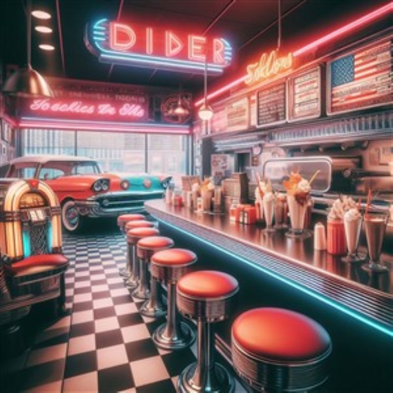 Farverig Retro Diner med Neonliv - Træd ind i en farverig retro diner fyldt med liv og lys. Den nostalgiske atmosfære med neonlys, barstole og en vintage bil i baggrunden skaber en unik og indbydende stemning, der vil bringe minder frem hos enhver gæst.