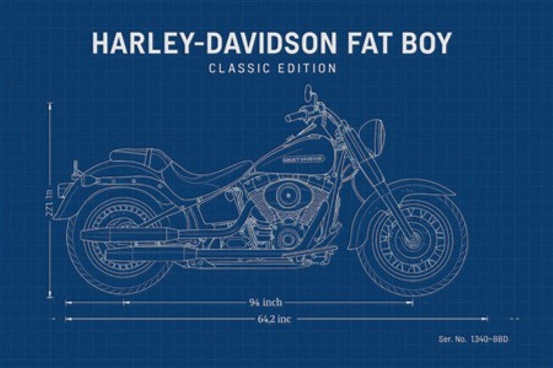 Harley-Davidson Fat Boy Skitse - Dyk ned i motorcyklens sjæl med denne detaljerede skitse af Harley-Davidson Fat Boy. Det klassiske design og præcise mål gør den til et perfekt dekorationselement for motorkultur-elskere.