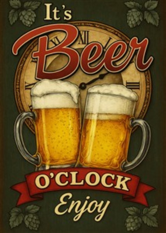 Ølklokken Slår - Tid til Hygge! - Forkæl dig selv med dette livlige kunstværk, der inviterer til afslapning og gode stunder. De to skummende ølkrus og den nostalgiske urskive sætter gang i feststemningen i dit hjem.