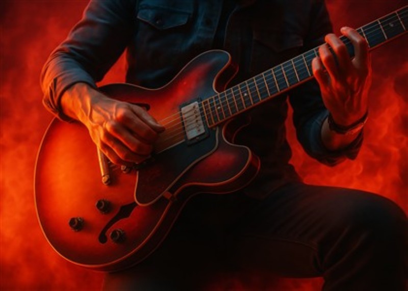 Brændende Musik: Guitarens Passion - Oplev den intense energi og dramatik med denne fantastiske guitarplakat. Den levende baggrund af flammer fanger musikkens sjæl og giver enhver væg et dynamisk pust af liv.